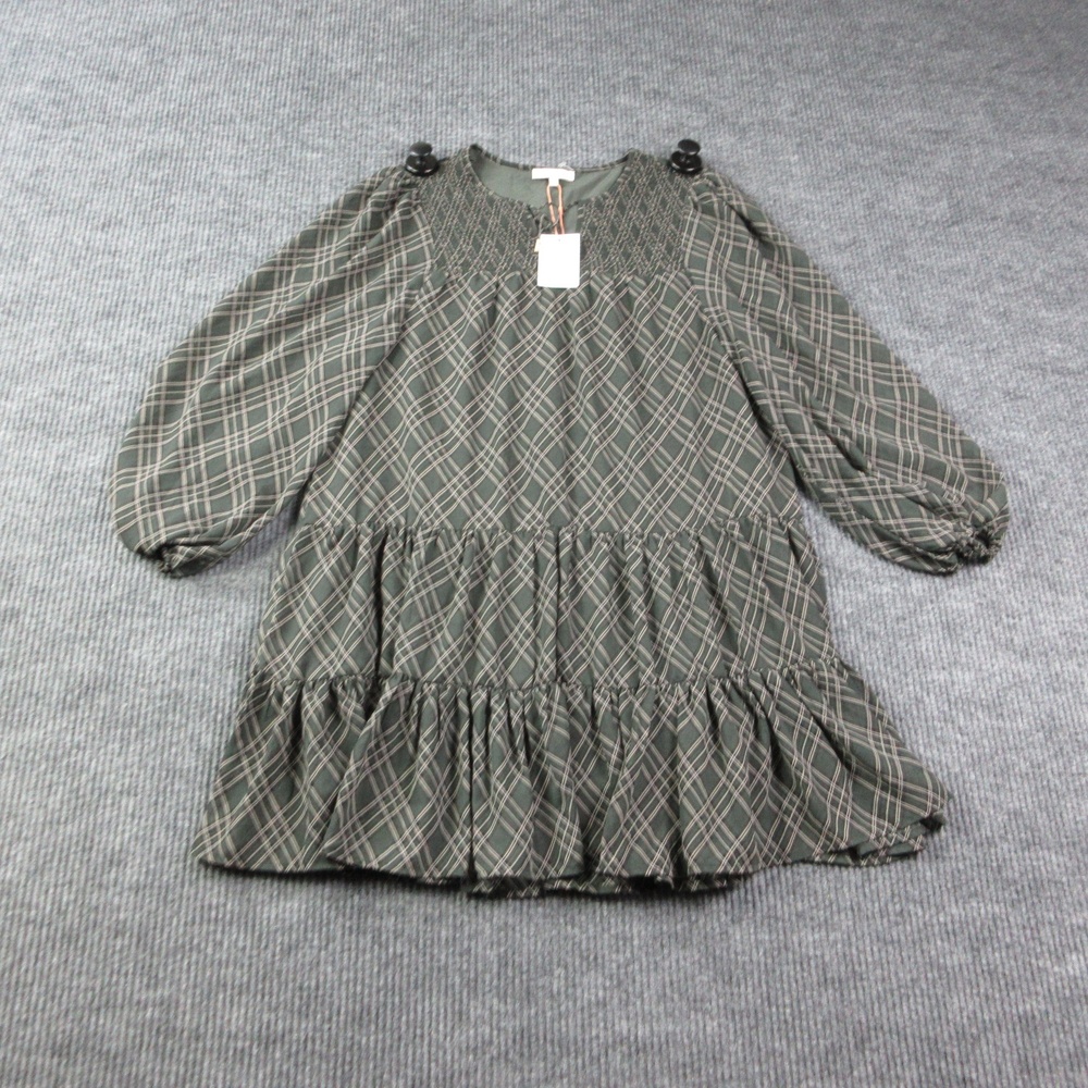 Skies Are Blue Dress Womens M Green Plaid Trapeze Swing Puff Sleeve Lined NWT